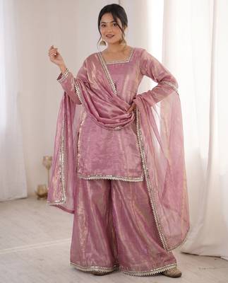 pink satin with lace border kurta palazzo dupatta set 1