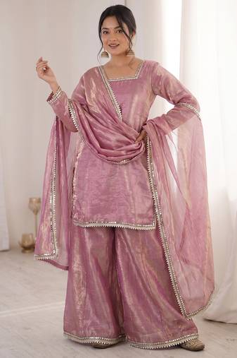 pink satin with lace border kurta palazzo dupatta set