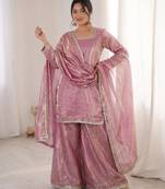 pink satin with lace border kurta palazzo dupatta set