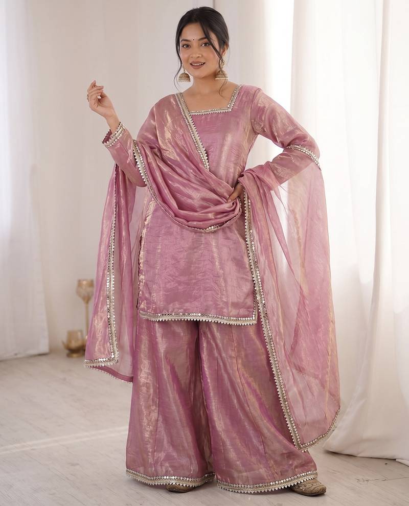 pink satin with lace border kurta palazzo dupatta set