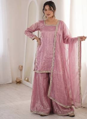 pink satin with lace border kurta palazzo dupatta set 2