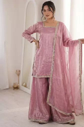 pink satin with lace border kurta palazzo dupatta set