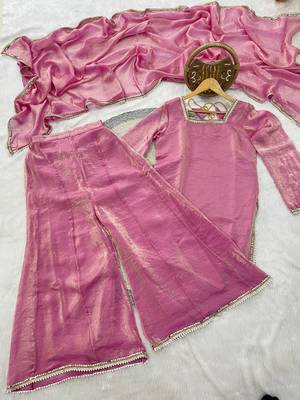 pink satin with lace border kurta palazzo dupatta set 3
