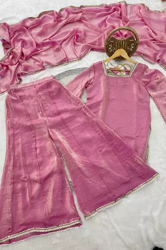 pink satin with lace border kurta palazzo dupatta set