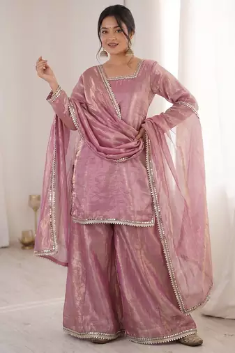 pink satin with lace border kurta palazzo dupatta set