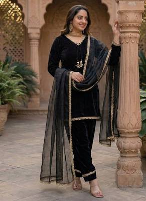 black satin kurta palazzo dupatta set 1