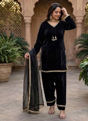 black satin kurta palazzo dupatta set 2
