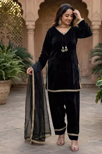 black satin kurta palazzo dupatta set