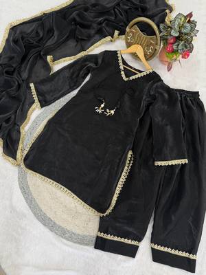 black satin kurta palazzo dupatta set 3
