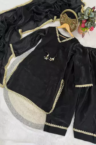 black satin kurta palazzo dupatta set