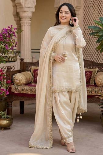 cream satin kurta palazzo dupatta set