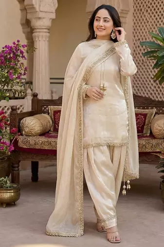 cream satin kurta palazzo dupatta set