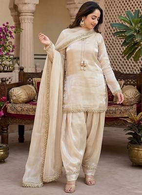 cream satin kurta palazzo dupatta set 2