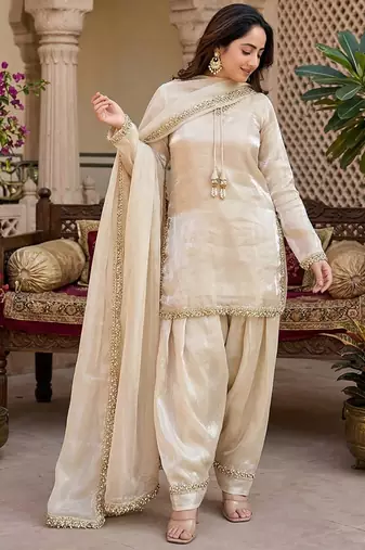 cream satin kurta palazzo dupatta set