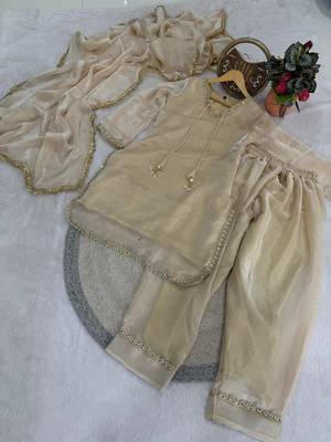 cream satin kurta palazzo dupatta set 3