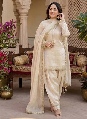 cream satin kurta palazzo dupatta set 4