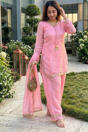 pink satin kurta palazzo dupatta set