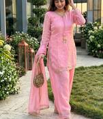 pink satin kurta palazzo dupatta set