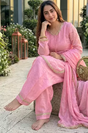 pink satin kurta palazzo dupatta set