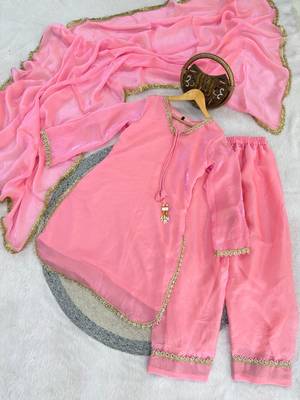 pink satin kurta palazzo dupatta set 3