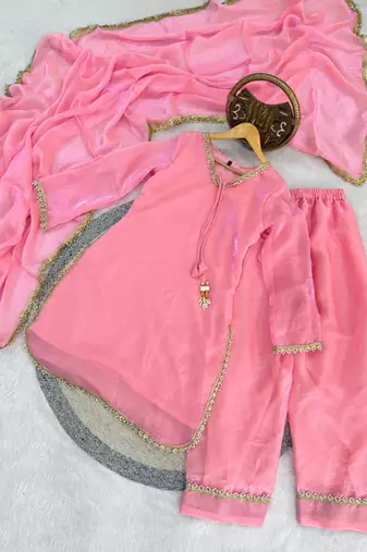 pink satin kurta palazzo dupatta set