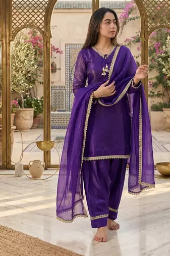 purple satin kurta palazzo dupatta set