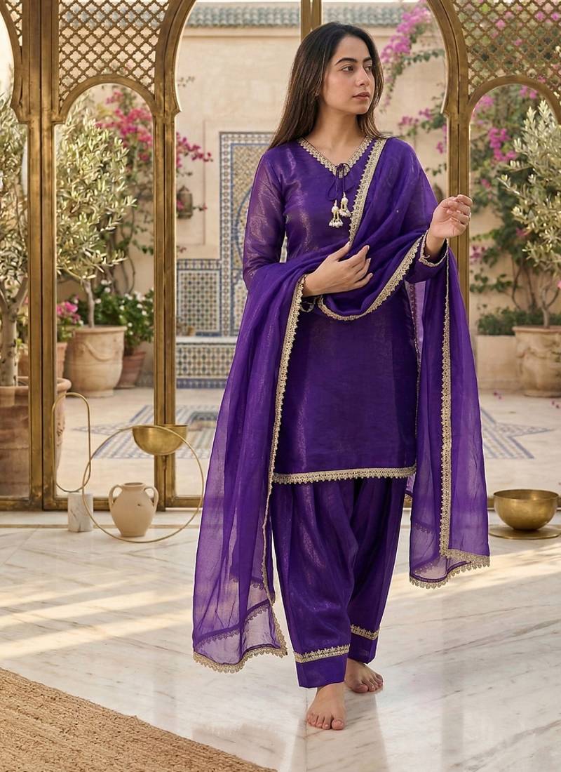 purple satin kurta palazzo dupatta set