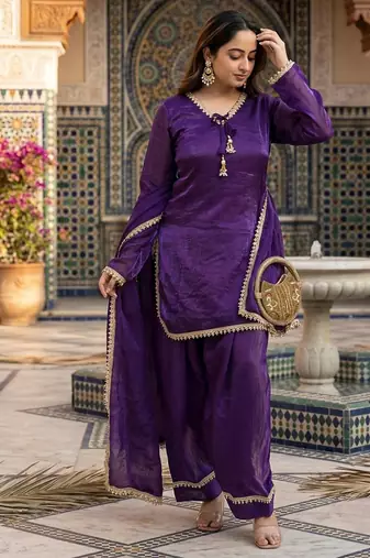 purple satin kurta palazzo dupatta set