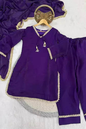 purple satin kurta palazzo dupatta set