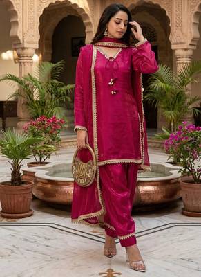 ranipink satin kurta palazzo dupatta set 1
