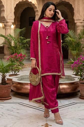 ranipink satin kurta palazzo dupatta set
