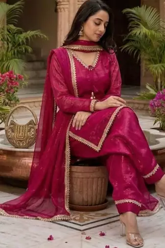 ranipink satin kurta palazzo dupatta set