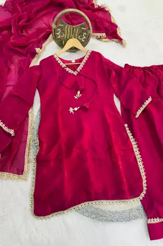 ranipink satin kurta palazzo dupatta set