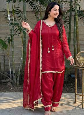 red satin kurta palazzo dupatta set 1