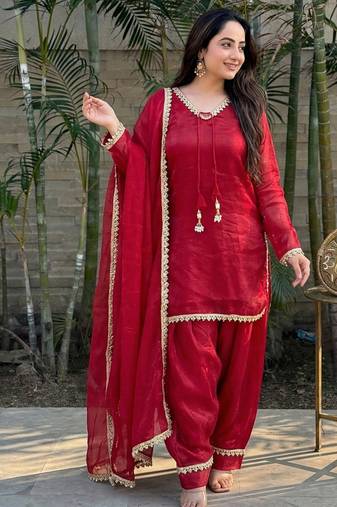 red satin kurta palazzo dupatta set