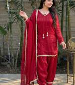 red satin kurta palazzo dupatta set