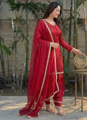 red satin kurta palazzo dupatta set 2