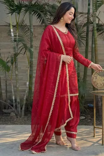 red satin kurta palazzo dupatta set