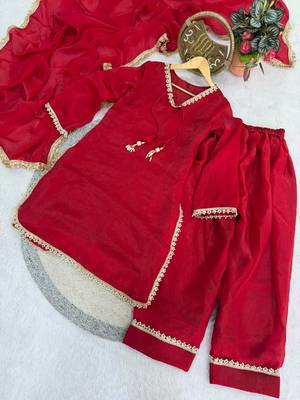 red satin kurta palazzo dupatta set 3