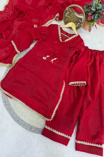 red satin kurta palazzo dupatta set