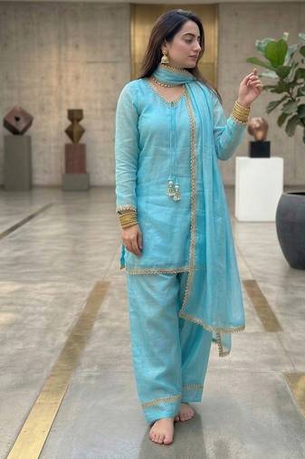 red satin kurta palazzo dupatta set