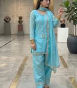 red satin kurta palazzo dupatta set