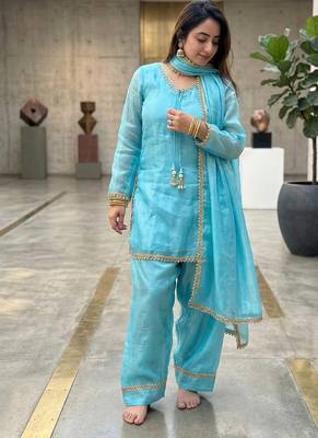 red satin kurta palazzo dupatta set 2