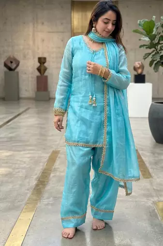 red satin kurta palazzo dupatta set
