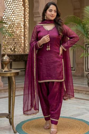 wine satin kurta palazzo dupatta set