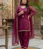 wine satin kurta palazzo dupatta set