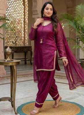 wine satin kurta palazzo dupatta set 2