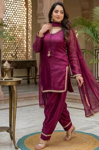 wine satin kurta palazzo dupatta set
