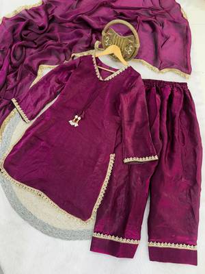 wine satin kurta palazzo dupatta set 3