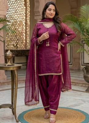 wine satin kurta palazzo dupatta set 4